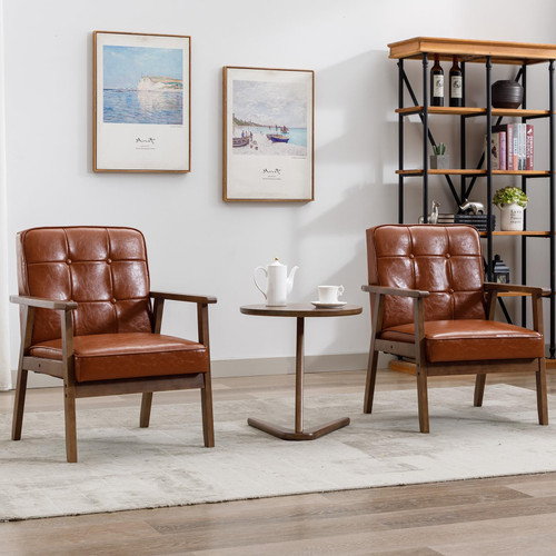 Accent Chairs Set of 2, Mid Century Modern Accent Chair, Retro Wood and Leather Armchairs Side Chair, Lounge Reading Comfy Arm Chair for Living Room, Bedroom, Office(Brown)