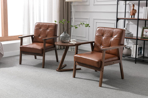 Accent Chairs Set of 2, Mid Century Modern Accent Chair, Retro Wood and Leather Armchairs Side Chair, Lounge Reading Comfy Arm Chair for Living Room, Bedroom, Office(Brown)