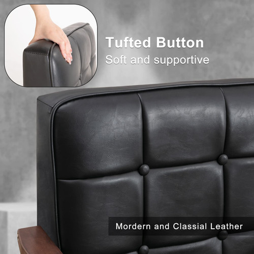 Accent Chairs Set of 2, Mid Century Modern Accent Chair, Retro Wood and Leather Armchairs Side Chair, Lounge Reading Comfy Arm Chair for Living Room, Bedroom, Office(Matte Black)