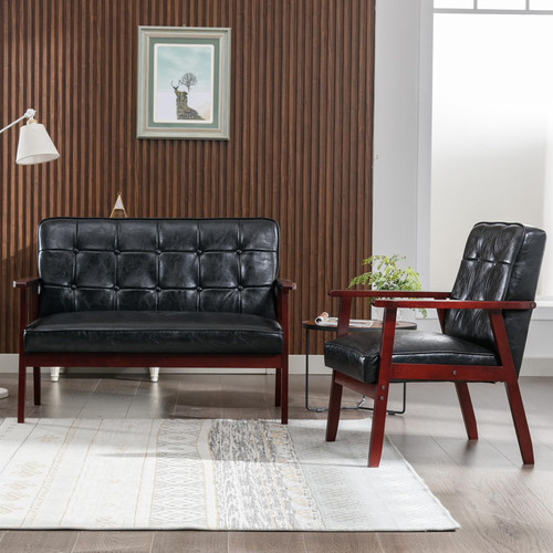 Modern Loveseat Sofa Set (Black) - Ergonomic Leather, Mid-Century Design, 2-Seat & Accent Chair, Small Spaces Furniture, Living Room, Apartment, Office