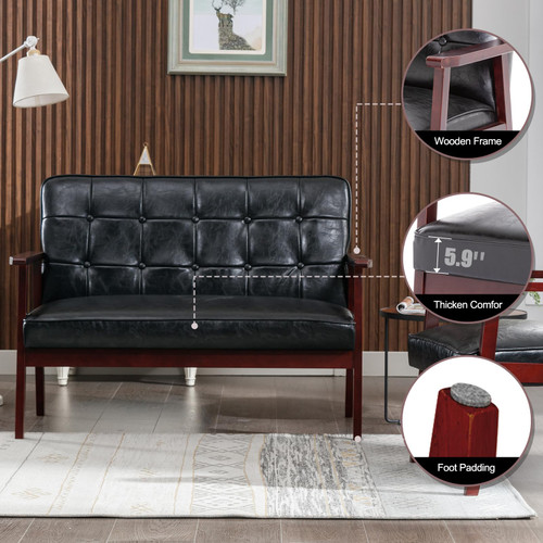Modern Loveseat Sofa Set (Black) - Ergonomic Leather, Mid-Century Design, 2-Seat & Accent Chair, Small Spaces Furniture, Living Room, Apartment, Office