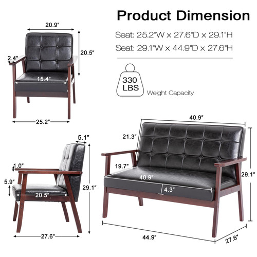 Modern Loveseat Sofa Set (Black) - Ergonomic Leather, Mid-Century Design, 2-Seat & Accent Chair, Small Spaces Furniture, Living Room, Apartment, Office
