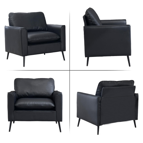 Oversized Upholstered Accent Chair, Modern Black Leather Single Sofa for Bedroom or Living Room, Mid-Century Comfy Reading Armchair for Lounge or Waiting Area