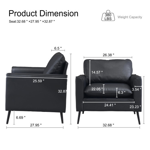 Oversized Upholstered Accent Chair, Modern Black Leather Single Sofa for Bedroom or Living Room, Mid-Century Comfy Reading Armchair for Lounge or Waiting Area