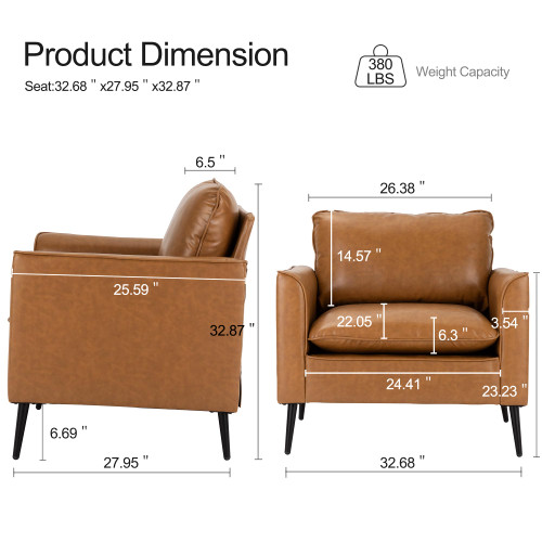 Oversized Upholstered Accent Chair, Modern Brown Leather Single Sofa for Bedroom or Living Room, Mid-Century Comfy Reading Armchair for Lounge or Waiting Area