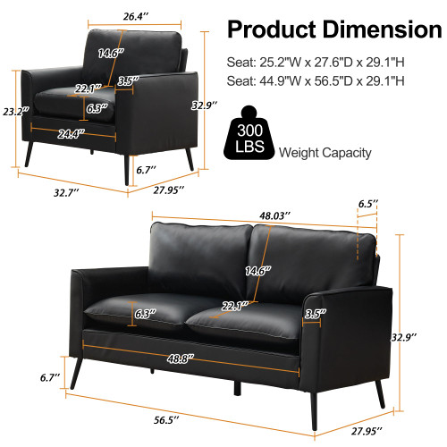 Modern Leather Loveseat Set, Upholstered Couch for Guest, Mid-Century Accent Chairs for Living Room Comfy, Couches for Small Spaces, Sofa Chair Reading Chair for Waiting Room.