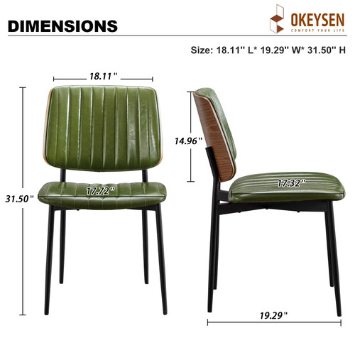 Dining Chairs Set of 2,Leather Mid Century Modern Dining Chairs with Bentwood Backrest and Upholster Seat,Armless Kitchen Chairs with Metal Legs Adjustable Foot for Dining Room(Green)