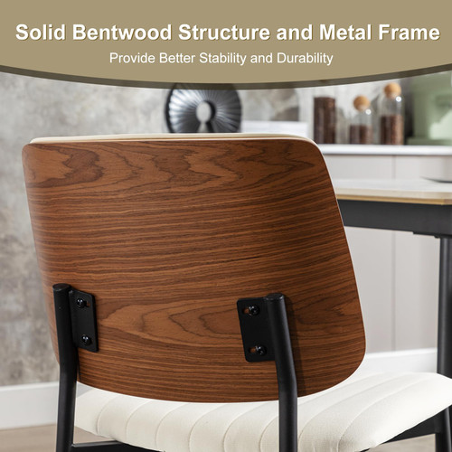 Fabric Dining Chairs Set of 4, Mid Century Modern Dining Chairs with Bentwood Backrest and Upholster Seat,Armless Kitchen Chairs with Metal Legs Adjustable Foot for Dining Room(Grey Bentwood)