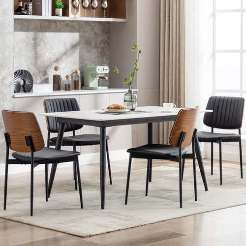 Black Leather Dining Chairs Set of 4,Mid Century Modern Dining Chairs with Upholster Seat,Armless Kitchen Chairs with Metal Legs Adjustable Foot for Dining Room（Walnut Black）