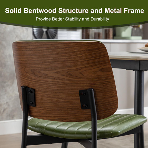 Dining Chairs Set of 4,Leather Mid Century Modern Dining Chairs with Bentwood Backrest and Upholster Seat,Armless Kitchen Chairs with Metal Legs Adjustable Foot for Dining Room(Green)