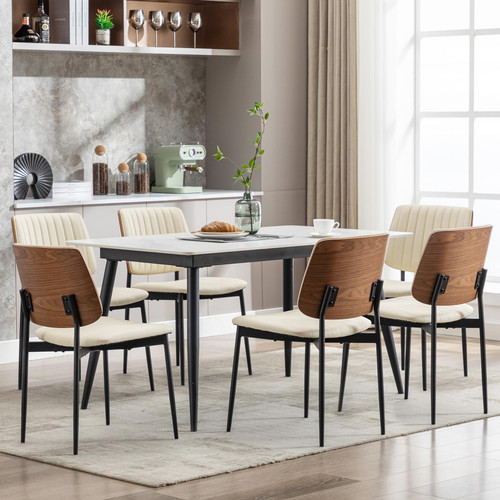 Dining Chairs Set of 6,Leather Mid Century Modern Dining Chairs with Bentwood Backrest and Upholster Seat,Armless Kitchen Chairs with Metal Legs Adjustable Foot for Dining Room(Beige)