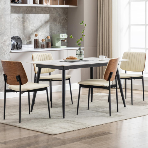 Dining Chairs Set of 6,Leather Mid Century Modern Dining Chairs with Bentwood Backrest and Upholster Seat,Armless Kitchen Chairs with Metal Legs Adjustable Foot for Dining Room(Beige)