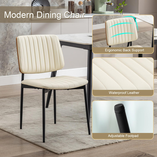 Dining Chairs Set of 6,Leather Mid Century Modern Dining Chairs with Bentwood Backrest and Upholster Seat,Armless Kitchen Chairs with Metal Legs Adjustable Foot for Dining Room(Beige)