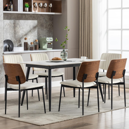 Fabric Dining Chairs Set of 6, Mid Century Modern Dining Chairs with Bentwood Backrest and Upholster Seat,Armless Kitchen Chairs with Metal Legs Adjustable Foot for Dining Room(Grey Bentwood)