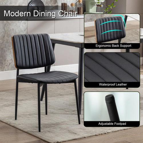 Black Dining Chairs Set of 6,Leather Mid Century Modern Dining Chairs with Bentwood Back and Upholster Seat,Armless Kitchen Chairs with Metal Legs Adjustable Foot for Dining Room(Walnut Black)