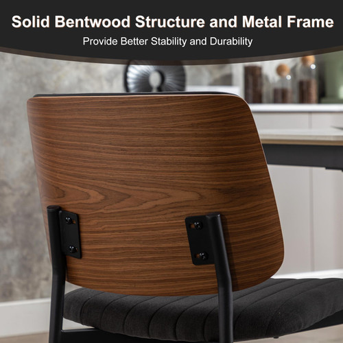 Black Dining Chairs Set of 6,Fabric Mid Century Modern Dining Chairs with Bentwood Back and Upholster Seat,Armless Kitchen Chairs with Metal Legs Adjustable Foot for Dining Room(Walnut Black)