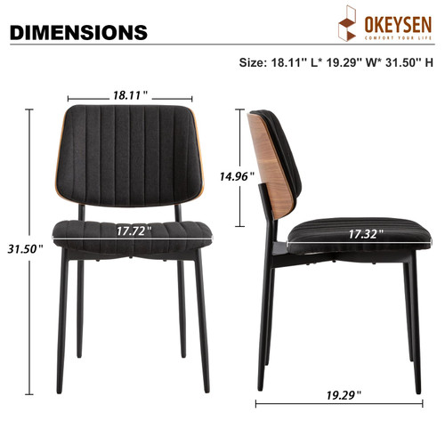 Black Dining Chairs Set of 6,Fabric Mid Century Modern Dining Chairs with Bentwood Back and Upholster Seat,Armless Kitchen Chairs with Metal Legs Adjustable Foot for Dining Room(Walnut Black)