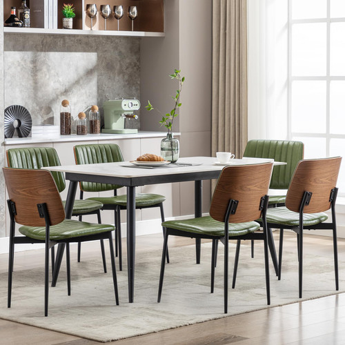 Dining Chairs Set of 6,Leather Mid Century Modern Dining Chairs with Bentwood Backrest and Upholster Seat,Armless Kitchen Chairs with Metal Legs Adjustable Foot for Dining Room(Green)