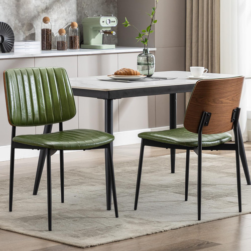 Dining Chairs Set of 6,Leather Mid Century Modern Dining Chairs with Bentwood Backrest and Upholster Seat,Armless Kitchen Chairs with Metal Legs Adjustable Foot for Dining Room(Green)