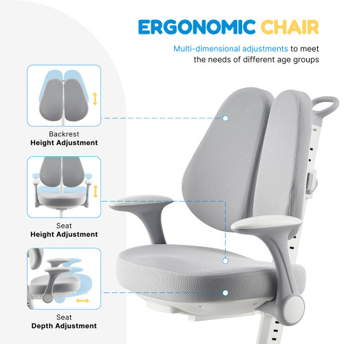 Desk Chair, Ergonomic Chair: Height-Adjustable, Double Back Support – Multifunctional for Study/Work/Dining | Ideal for Kids, Petite Adults – Ultra-Comfy (Bedrooms, Schools, Offices)(Grey)