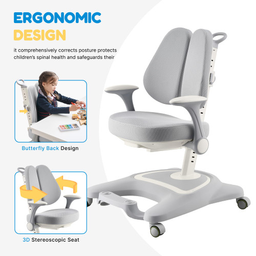 Desk Chair, Ergonomic Chair: Height-Adjustable, Double Back Support – Multifunctional for Study/Work/Dining | Ideal for Kids, Petite Adults – Ultra-Comfy (Bedrooms, Schools, Offices)(Grey)
