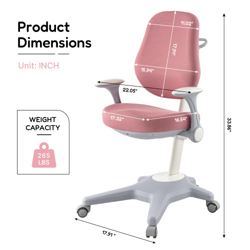 Ergonomic Kids Desk Chair, Adjustable Height & Seat Depth Study Chair with Lumbar Support, Flip-up Armrests - for Boys Girls Teens (Reading/Writing/Homework)(Pink)
