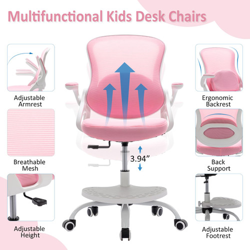 Kids Desk Chair,Ergonomic Study Chair with Adjustable Height,Swivel Mesh Desk Chair with Wheels,Home Office Chair for Children in Home Bedroom Pink