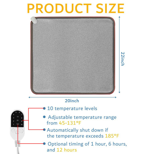 PVC 110V Heated Floor Mat Heater for Foot Warmer Under Desk 22 x 20 Inch Electric Heating Pad Energy Saving Carpet Pad Indoor Floor Heated Rug for Home Office Bathroom House Gray