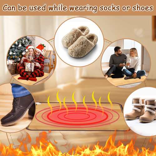 PVC 110V Heated Floor Mat Heater for Foot Warmer Under Desk 31.5 x 20 Inch Carbon Crystal Wood Stripe Electric Heating Carpet Pad Energy Saving Indoor Heated Rug for Home Office House Brown