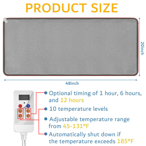 PVC 110V Heated Floor Mat Heater for Foot Warmer Under Desk 48 x 20 Inch Carbon Crystal Wood Stripe Electric Heating Carpet Pad Energy Saving Indoor Heated Rug for Home Office House Gray
