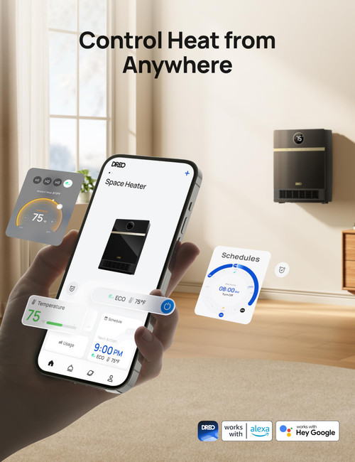 Smart Wall Heater, IP24 Electric PTC Space Heater for Indoor Use, 30° Oscillation, Adjustable Thermostat, Remote Control, Works with Alexa, 24H Timer, Easy-mounted for Bedroom, Office