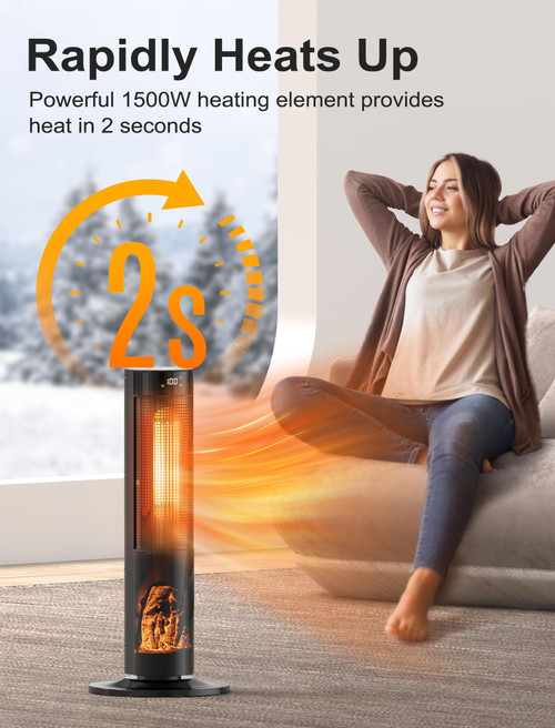 26" Tower Space Heater, 1500W Electric Space Heater for Large Room, Thermostat & 3 Modes, 60° Oscillation, 12H Timer, Safe and Quiet Space Heater for Indoor Use, Ceramic Heaters with Remote