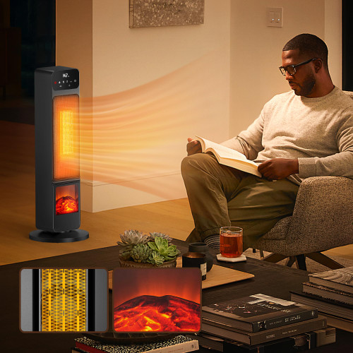 Tower Heater and Fan Combo, 1500W PTC Space Heaters for Indoor Use W/ 3D Flame, 70° Oscillation Electric Fireplace Heater, Child Lock & Eco Mode, 12h Timer, Remote Control, Home & Office