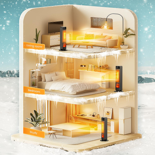 Tower Heater and Fan Combo, 1500W PTC Space Heaters for Indoor Use W/ 3D Flame, 70° Oscillation Electric Fireplace Heater, Child Lock & Eco Mode, 12h Timer, Remote Control, Home & Office