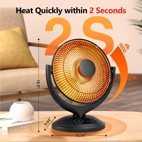Radiant Electric Space Heater with Thermostat and Timer, 800W/400W Portable Dish Heaters for Indoor Use, Overheat and Tip Over Protection, Quiet Heater Fan for Bedroom Office Desk Home