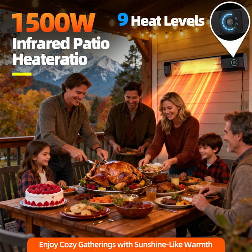 34" Wall-Mounted Electric Patio Heater, 1500W Infrared Outdoor Heater with Motion Sensor & Remote, IPX5 Waterproof, 9 Heat Levels, 9H Timer, Indoor Garage Backyard Deck Patio Heaters
