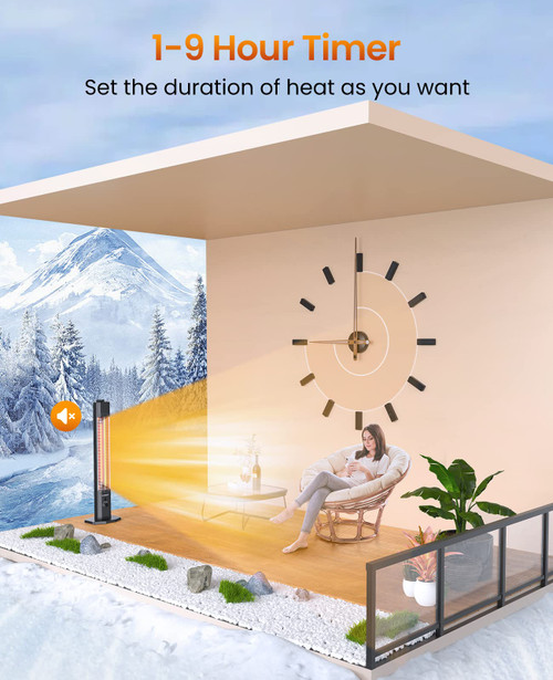 Outdoor Electric Patio Heater, 42in Infrared Heater with Remote, 9 Heat Levels, 9H Timers, 1500W Instant Heating, Safety Lock, Tip-Over & Overheat Protection, IPX5 Waterproof Tower Space Heater