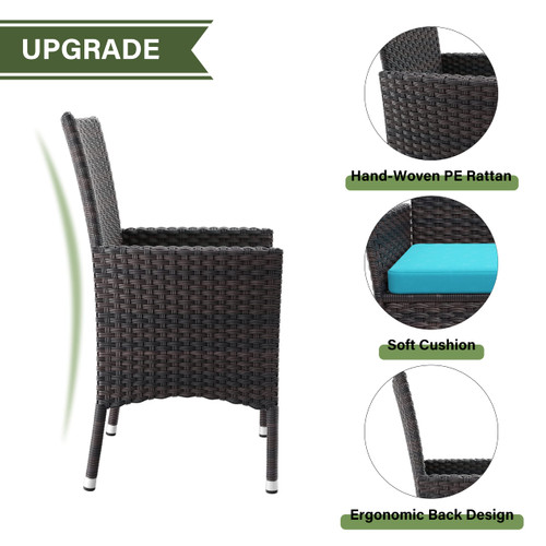 5-Piece Patio Furniture Outdoor Dining Set, Wicker Rattan Patio Dining Table and Chairs Set, Square Tempered Glass Tabletop and 4 Chair Set, Blue