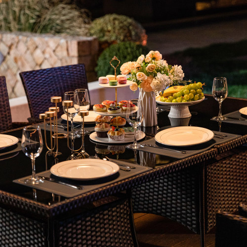 5-Piece Patio Furniture Outdoor Dining Set, Wicker Rattan Patio Dining Table and 4 Chairs Set, Square Tempered Glass Tabletop with Umbrella Hole, for Patio, Backyard, Grey