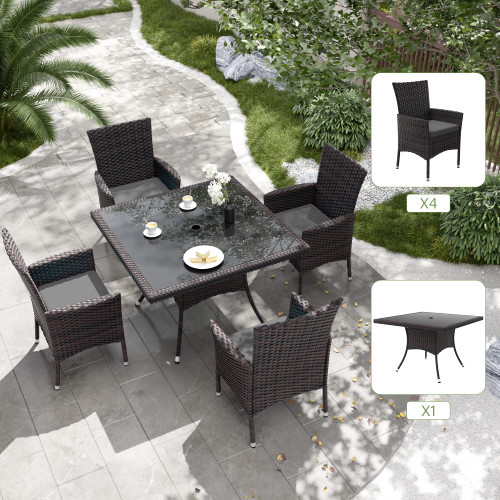 5-Piece Patio Furniture Outdoor Dining Set, Wicker Rattan Patio Dining Table and 4 Chairs Set, Square Tempered Glass Tabletop with Umbrella Hole, for Patio, Backyard, Grey