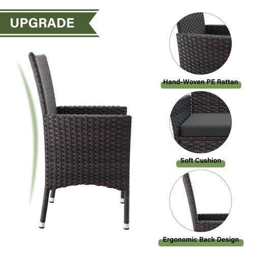 5-Piece Patio Furniture Outdoor Dining Set, Wicker Rattan Patio Dining Table and 4 Chairs Set, Square Tempered Glass Tabletop with Umbrella Hole, for Patio, Backyard, Grey