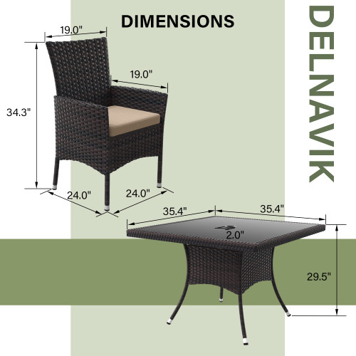 5-Piece Patio Furniture Outdoor Dining Set, Wicker Rattan Patio Dining Table and Chairs Set, Square Tempered Glass Tabletop with 4 Chair Set, Sand