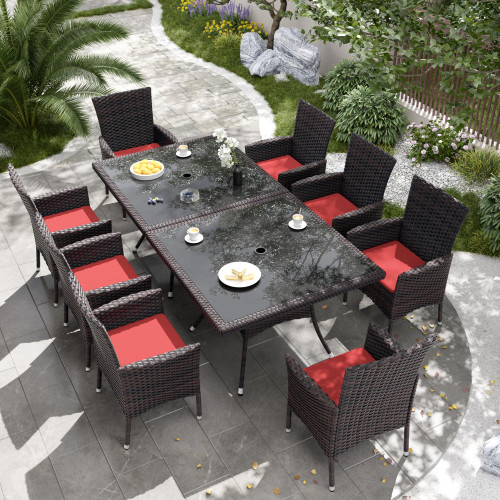 10-Piece Patio Furniture Outdoor Dining Set, Wicker Rattan Patio Dining Table and Chairs Set, Square Tempered Glass Tabletop with Umbrella Hole and 8 Chair Set, Red