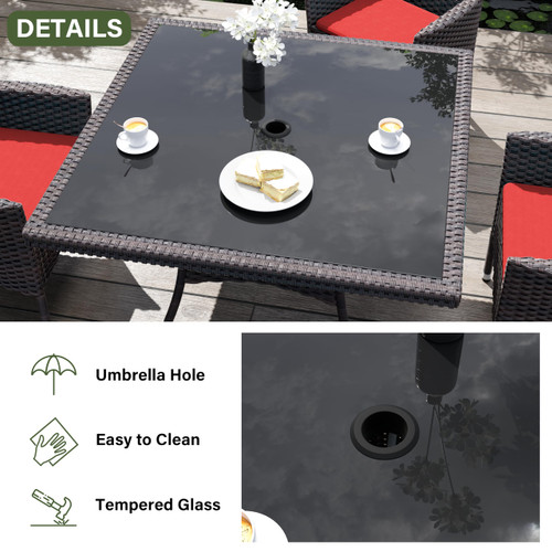 10-Piece Patio Furniture Outdoor Dining Set, Wicker Rattan Patio Dining Table and Chairs Set, Square Tempered Glass Tabletop with Umbrella Hole and 8 Chair Set, Red