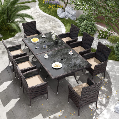 10-Piece Patio Furniture Outdoor Dining Set, Wicker Rattan Patio Dining Table and Chairs Set, Square Tempered Glass Tabletop and 8 Chair Set, Sand