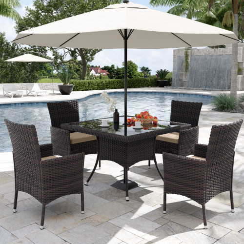 10-Piece Patio Furniture Outdoor Dining Set, Wicker Rattan Patio Dining Table and Chairs Set, Square Tempered Glass Tabletop and 8 Chair Set, Sand