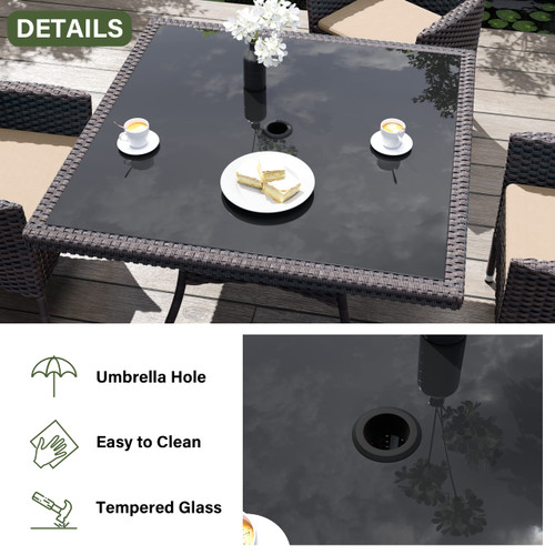 10-Piece Patio Furniture Outdoor Dining Set, Wicker Rattan Patio Dining Table and Chairs Set, Square Tempered Glass Tabletop and 8 Chair Set, Sand