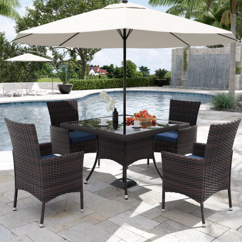 15-Piece Patio Furniture Outdoor Dining Set, Rattan Wicker Patio Dining Table and Chairs Set, Square Tempered Glass Tabletop with Umbrella Hole and 12 Chair Set, Blue