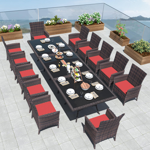 15-Piece Patio Furniture Outdoor Dining Set, Wicker Rattan Table and Chairs, Square Tempered Glass Tabletop With Umbrella Hole, 12 Chairs, Red