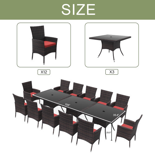 15-Piece Patio Furniture Outdoor Dining Set, Wicker Rattan Table and Chairs, Square Tempered Glass Tabletop With Umbrella Hole, 12 Chairs, Red